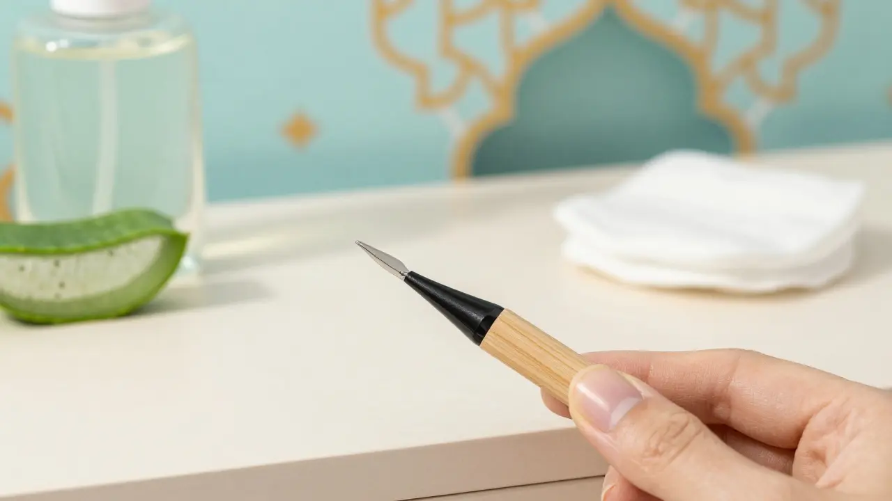 Eyebrow wax pen on a vanity with Islamic-inspired geometric background patterns