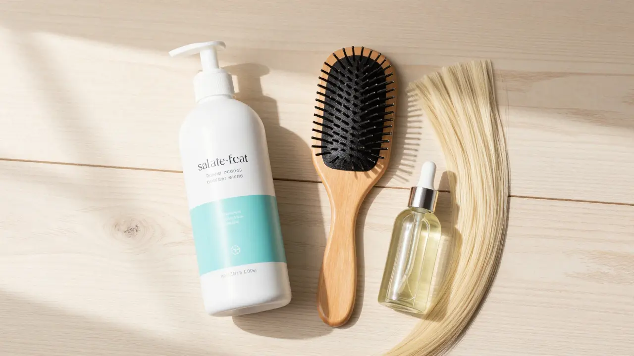 Flat lay of sulfate-free shampoo, loop brush, and hair oil for extension care