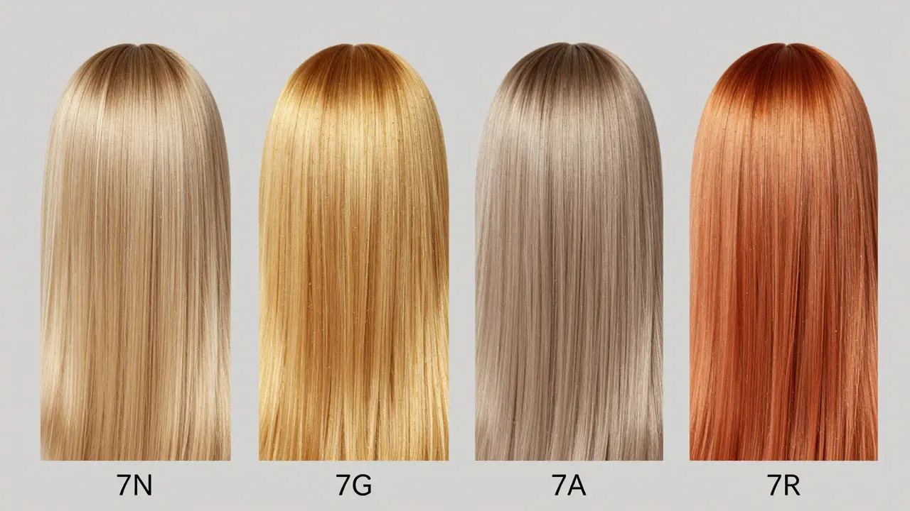 Four swatches showing neutral, golden, ash, and red tones