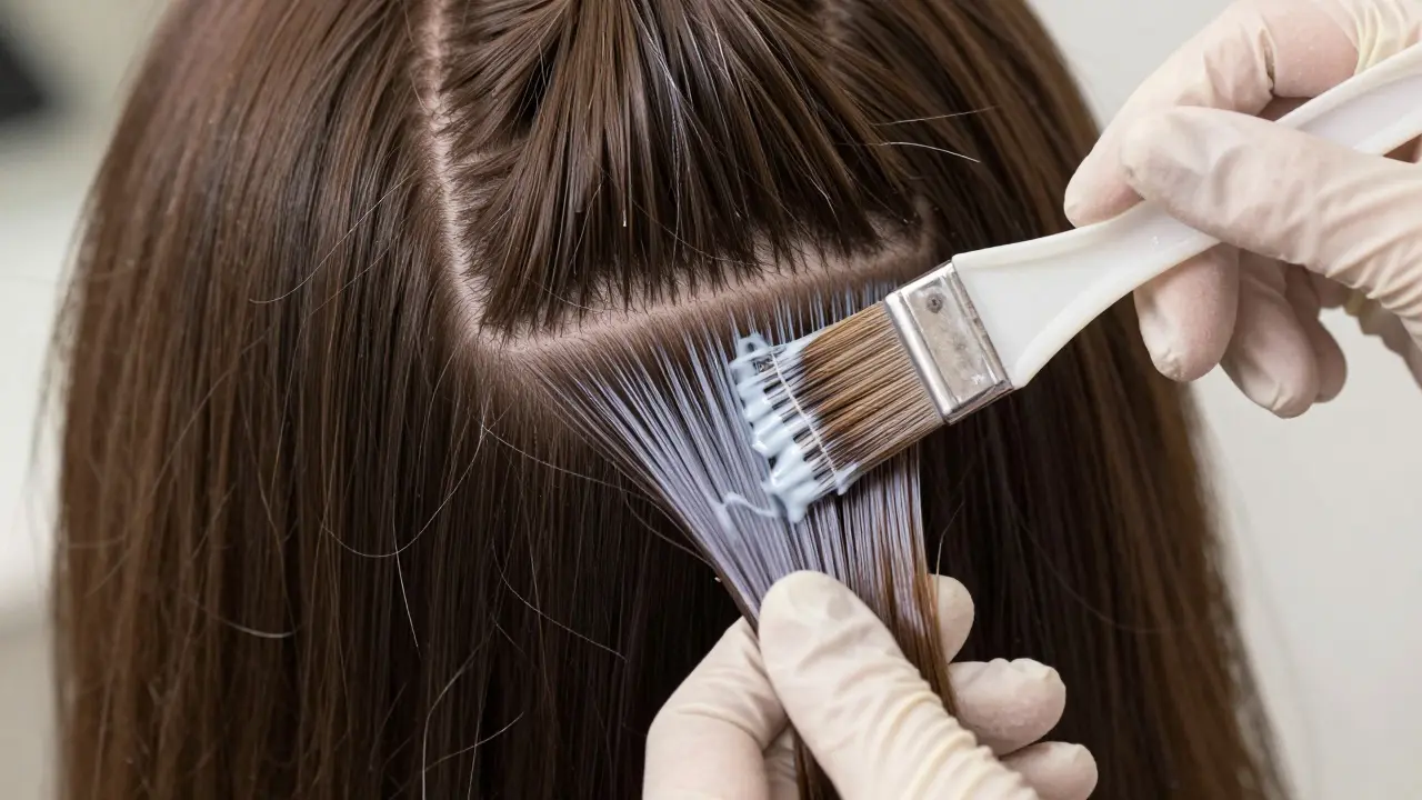 Gloved hands applying hair dye to teased sections of dark hair