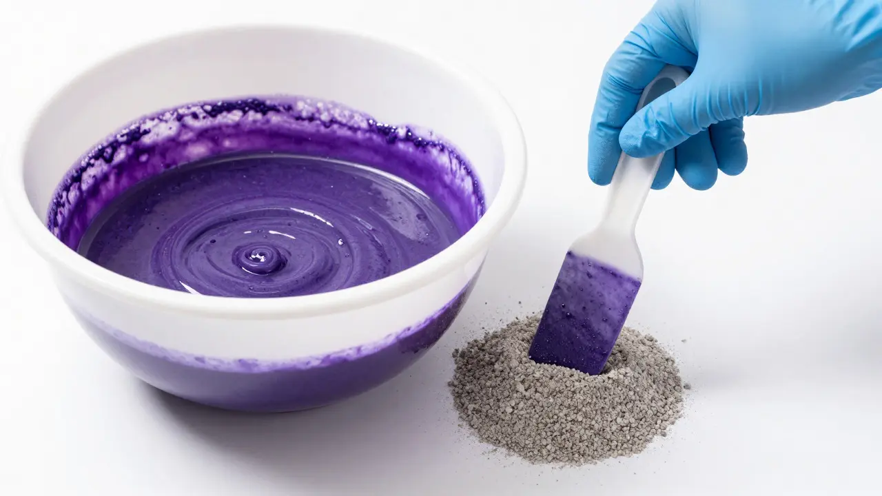 Gloved hands solidifying leftover hair dye with cat litter