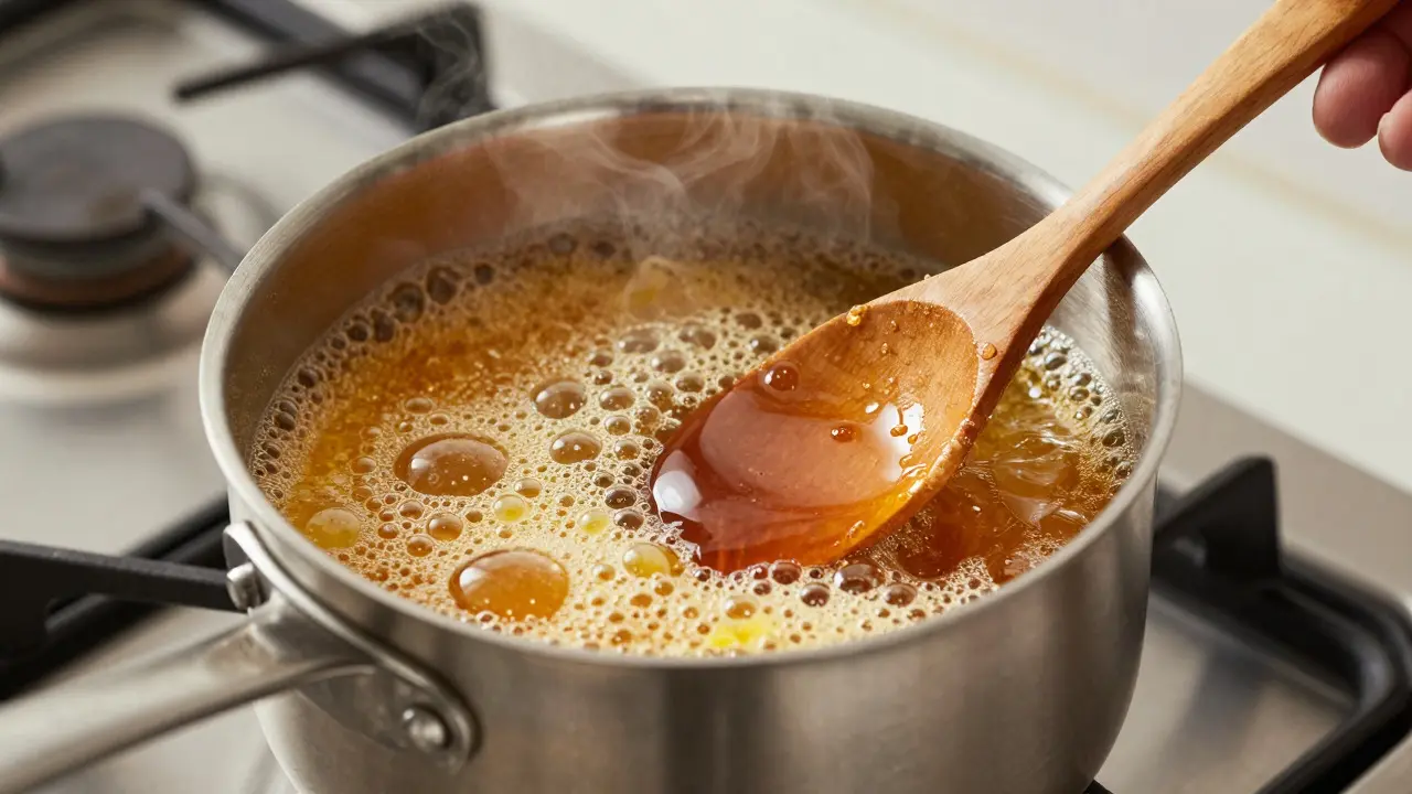 Golden sugar wax mixture bubbling in a saucepan on stove