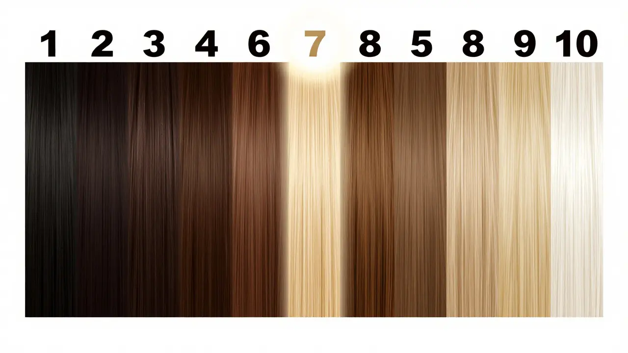 Gradient spectrum illustrating hair color levels from black to blonde
