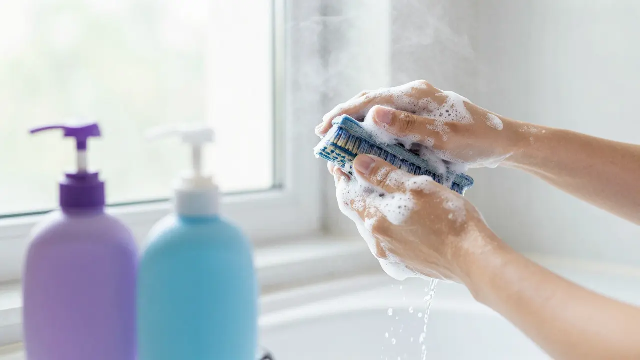 Hands washing hair with clarifying shampoo to remove dye