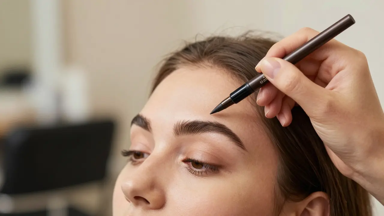 Makeup artist filling sparse brows with a pencil
