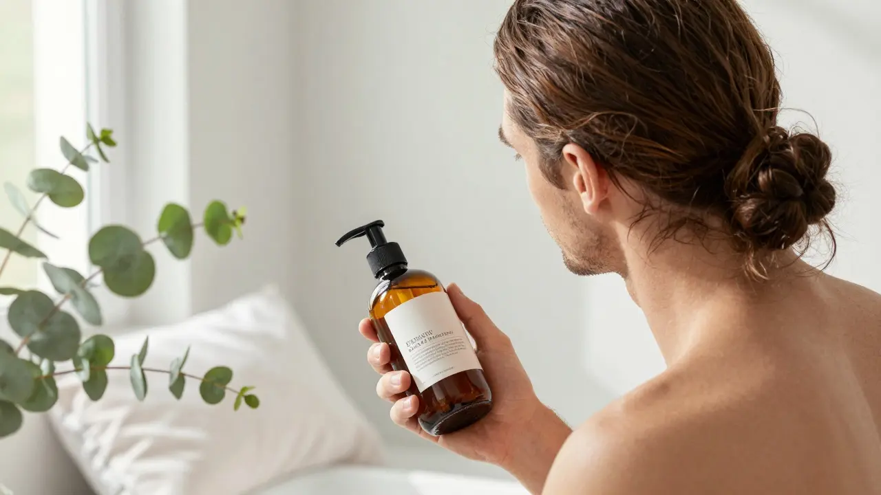 Man with styled long hair using ethical natural shampoo products