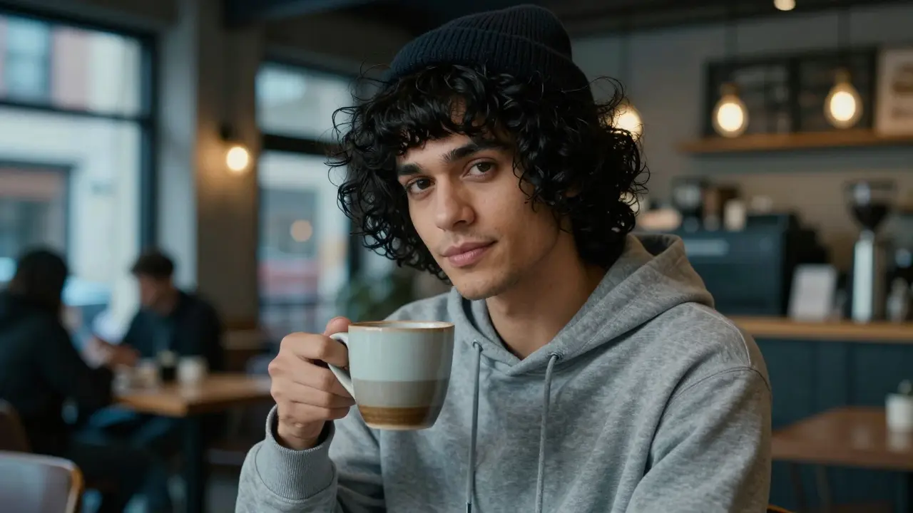 Man with wavy black textured crop in casual setting
