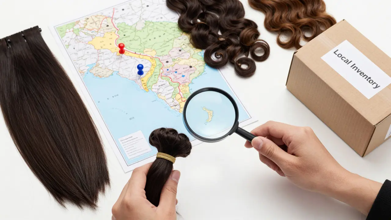Map highlighting hair supplier countries with hair samples and shipping boxes nearby.