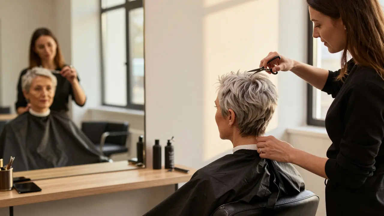 Mature woman consulting with stylist about short haircut in salon