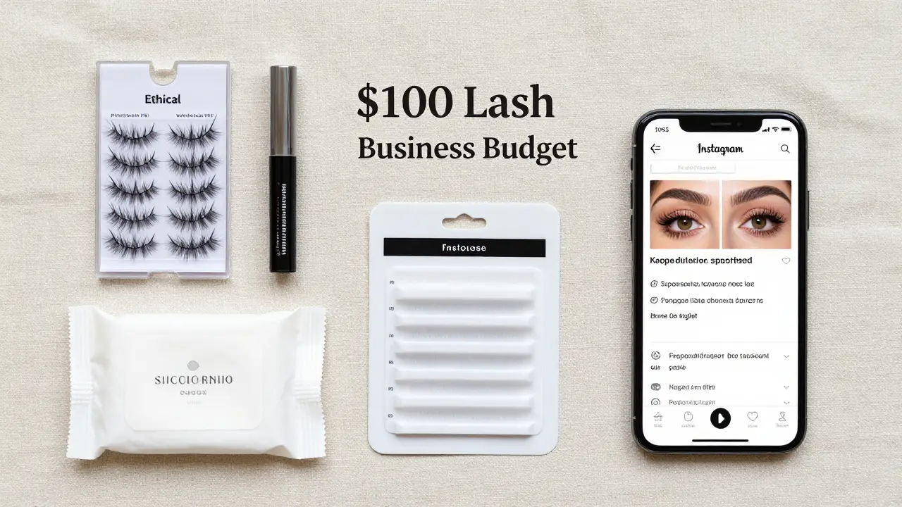 Overhead view of lash tools, adhesive, and phone for marketing