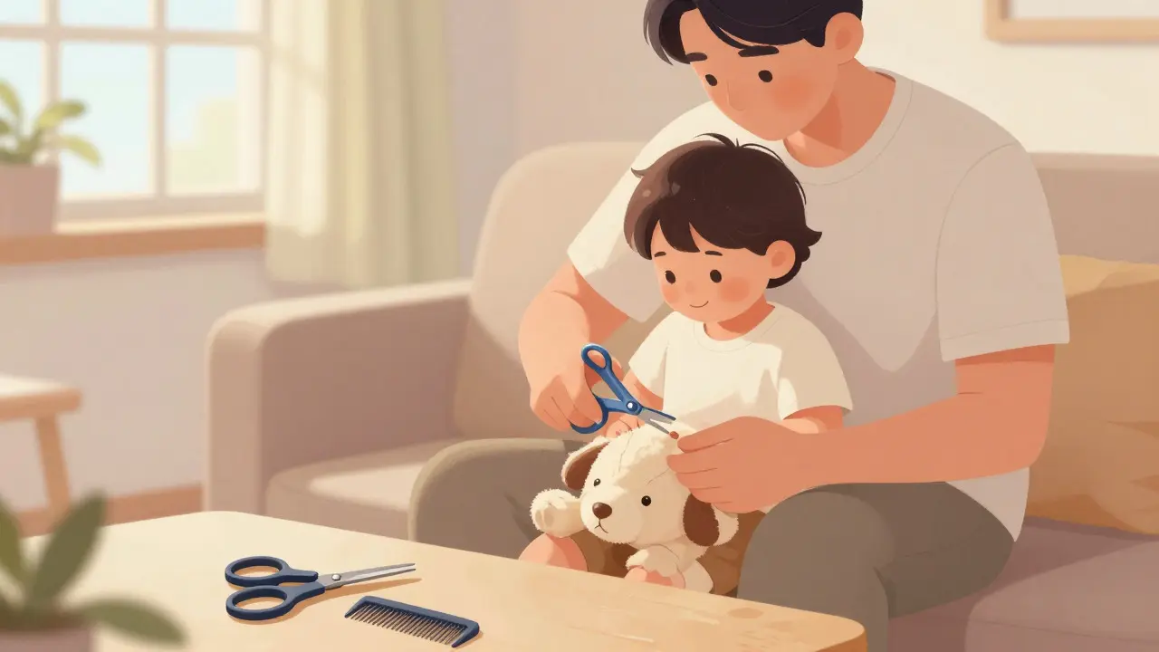 Parent and child playing with plastic scissors at home