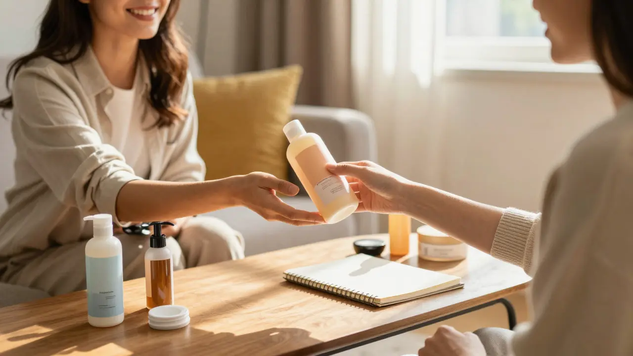 Person handing unopened hair dye bottle to a friend