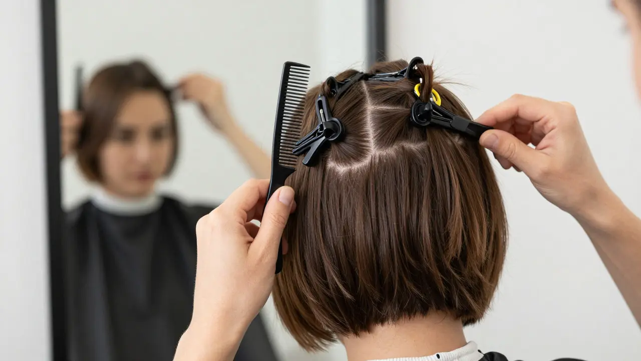 Person sectioning short dry hair with clips in front of a mirror.
