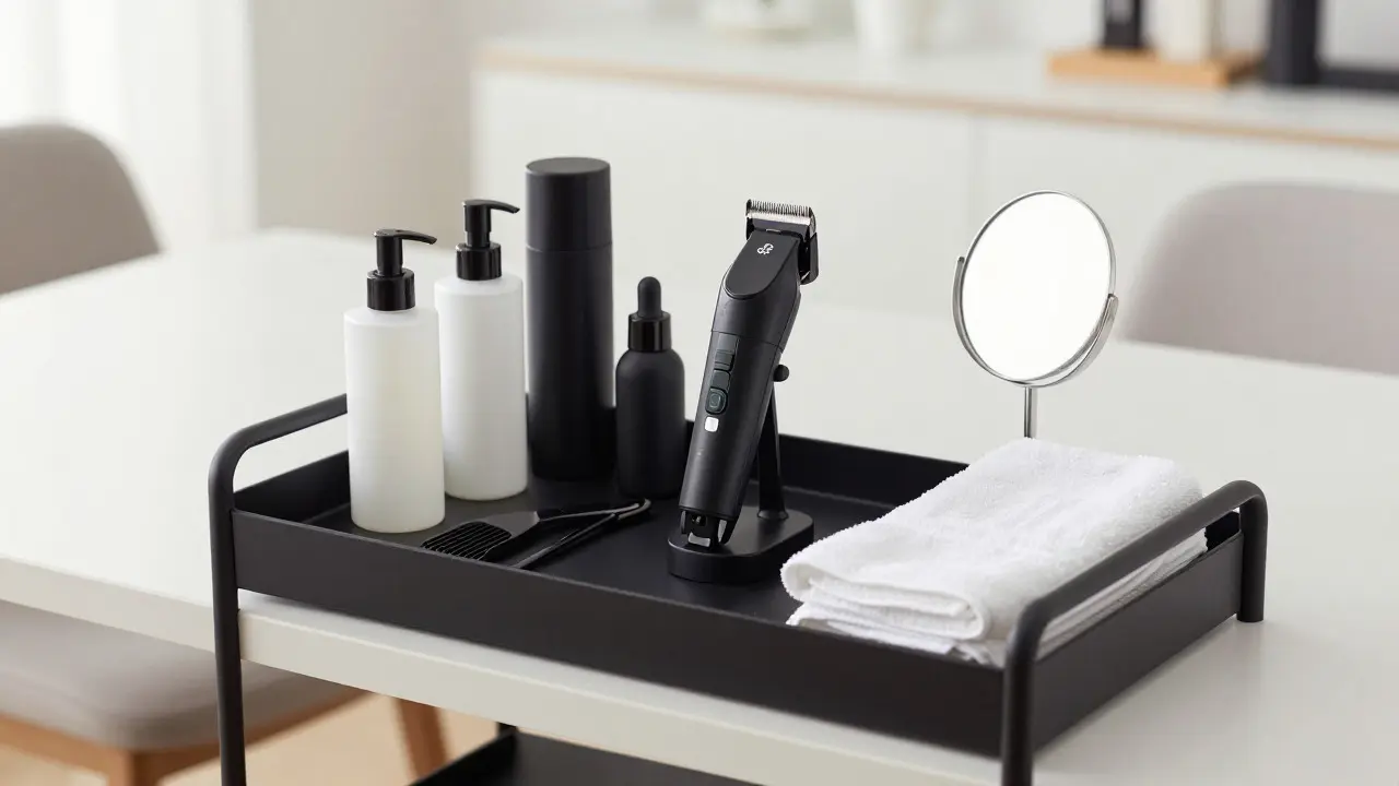 Professional mobile barber tools arranged on a table