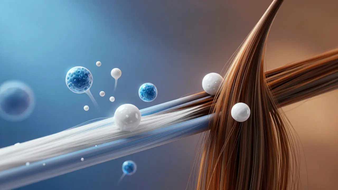 Scientific illustration comparing internal peroxide buildup vs external dye on hair shaft.