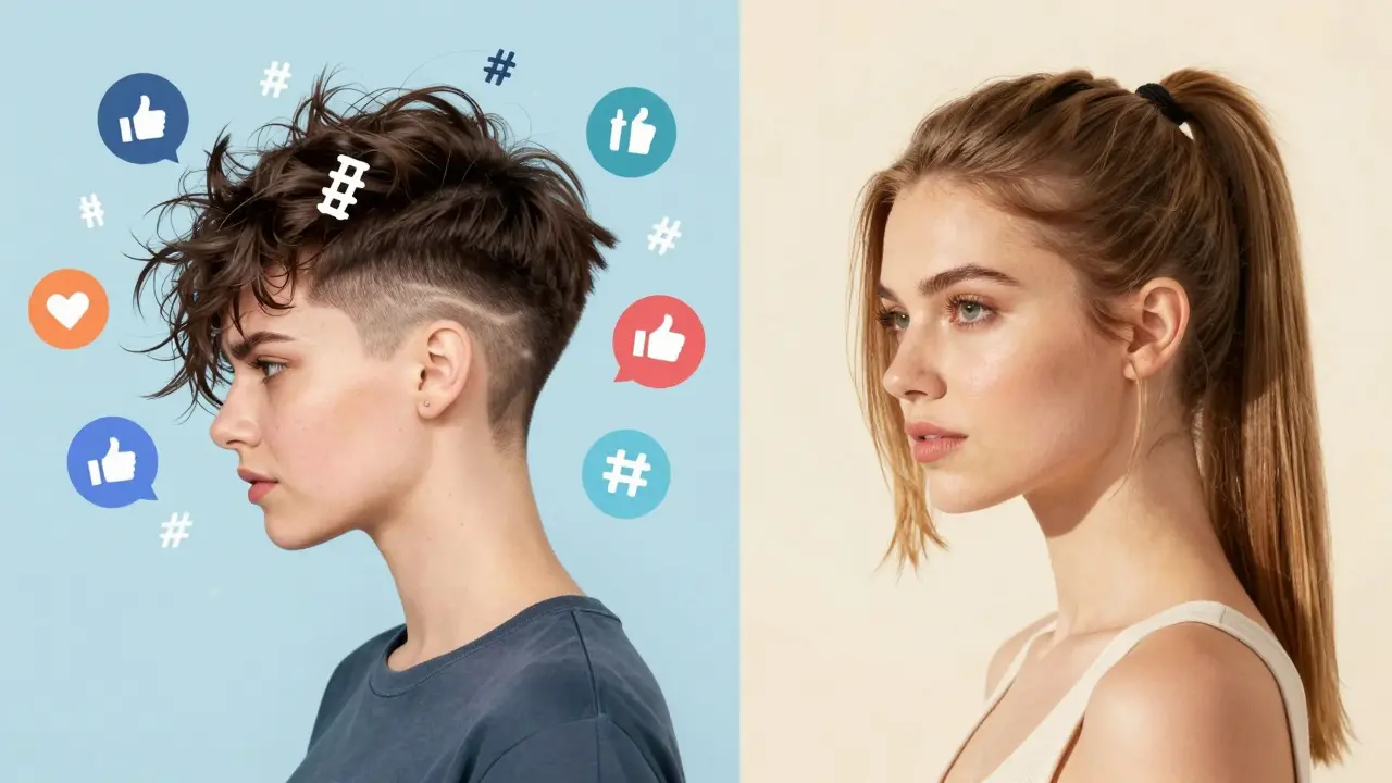 Split screen comparing stressful viral hair trend with easy classic style