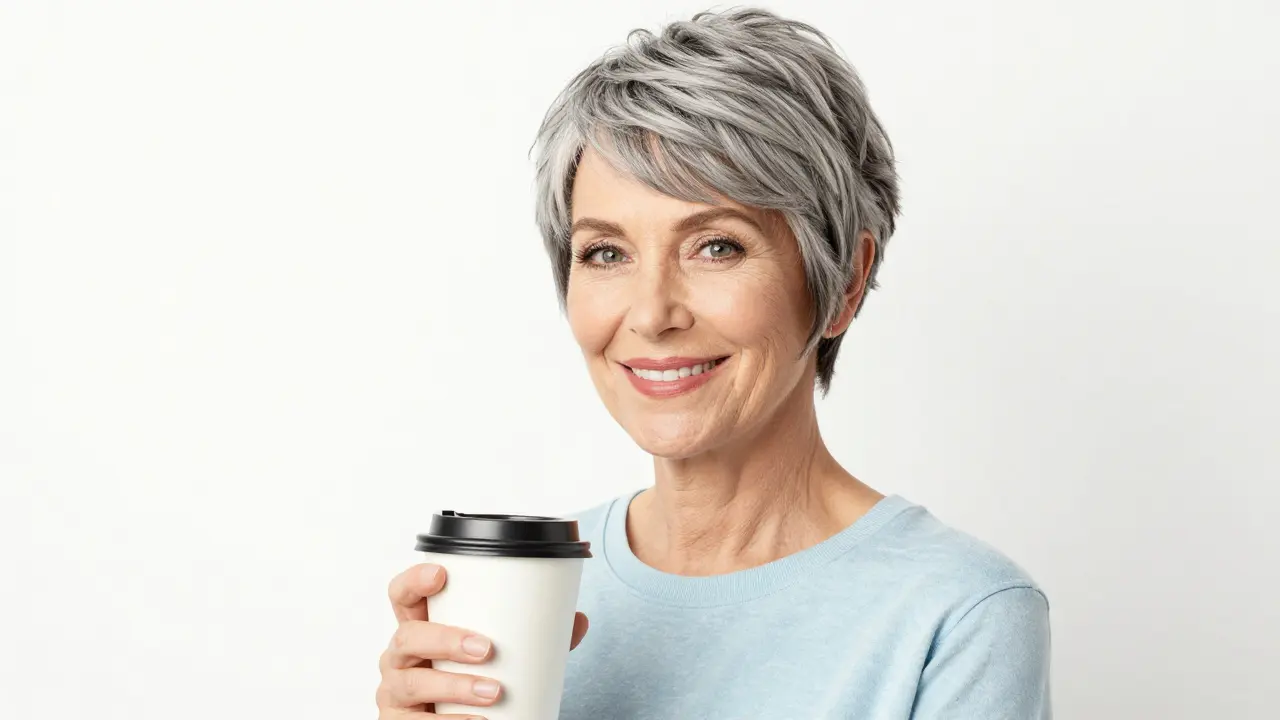 Stylish older woman with chic pixie cut enjoying morning coffee