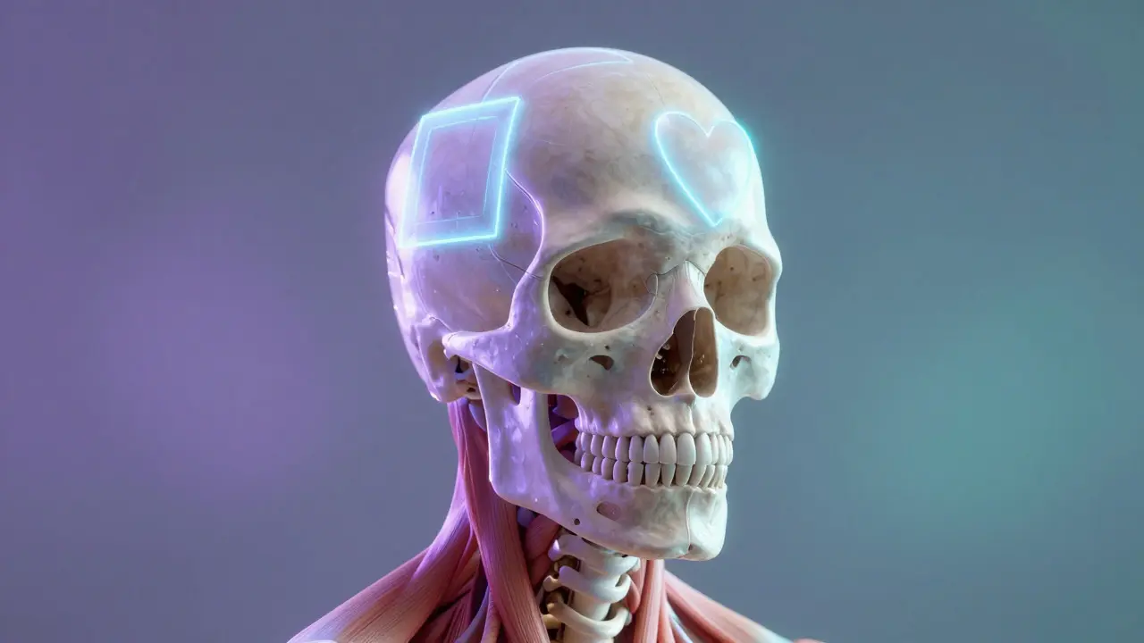 Transparent skull model with overlapping geometric shapes