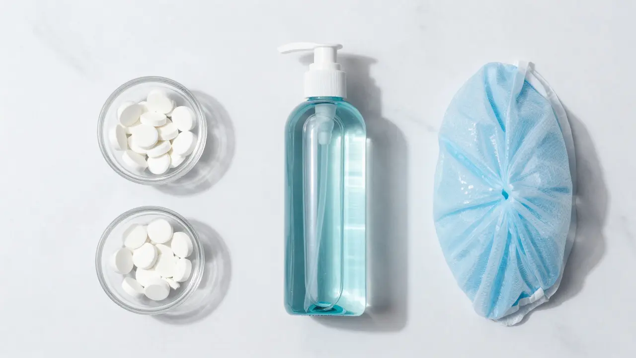 Vitamin C tablets and shampoo arranged for hair dye removal treatment