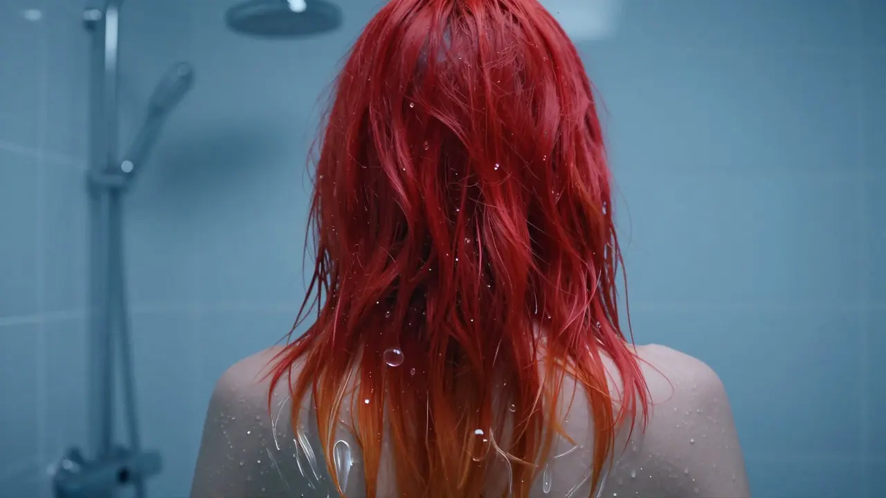 Woman's red hair fading from vibrant to brassy as color washes away in water