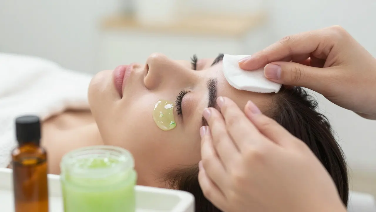 Woman applying aloe vera gel to freshly waxed eyebrows