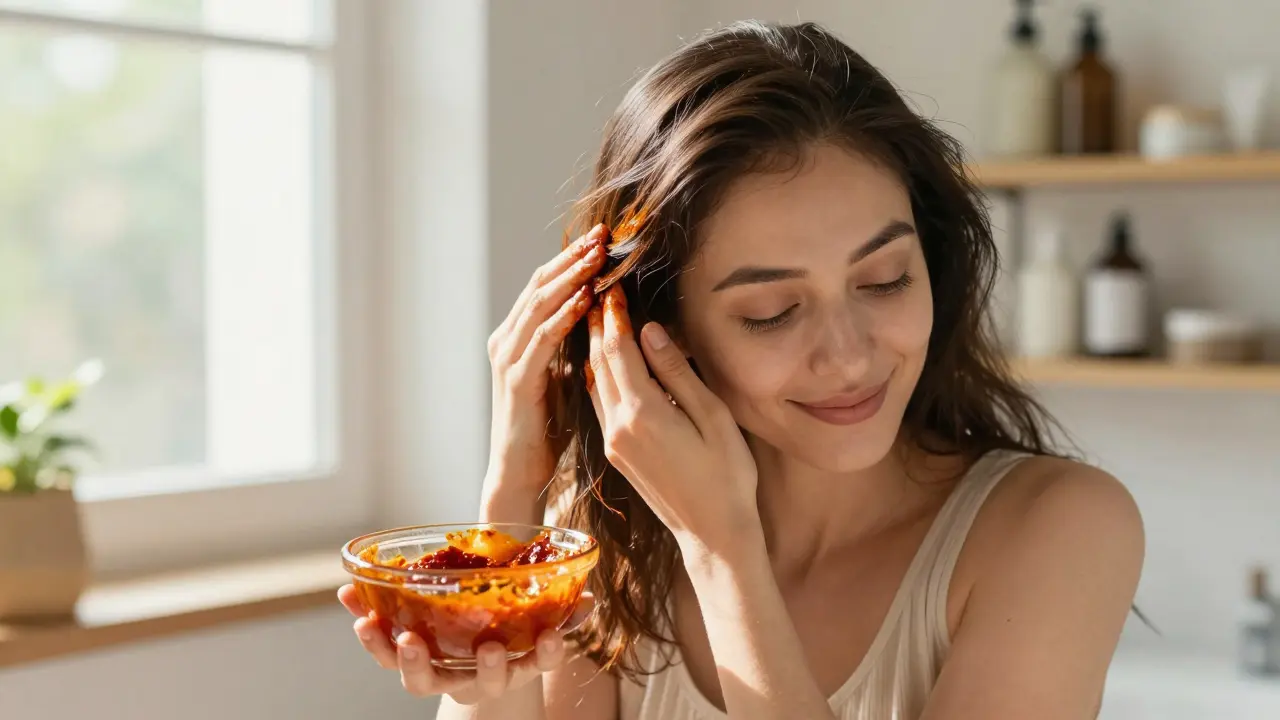 Woman applying natural henna paste to her hair in a bright, peaceful setting.