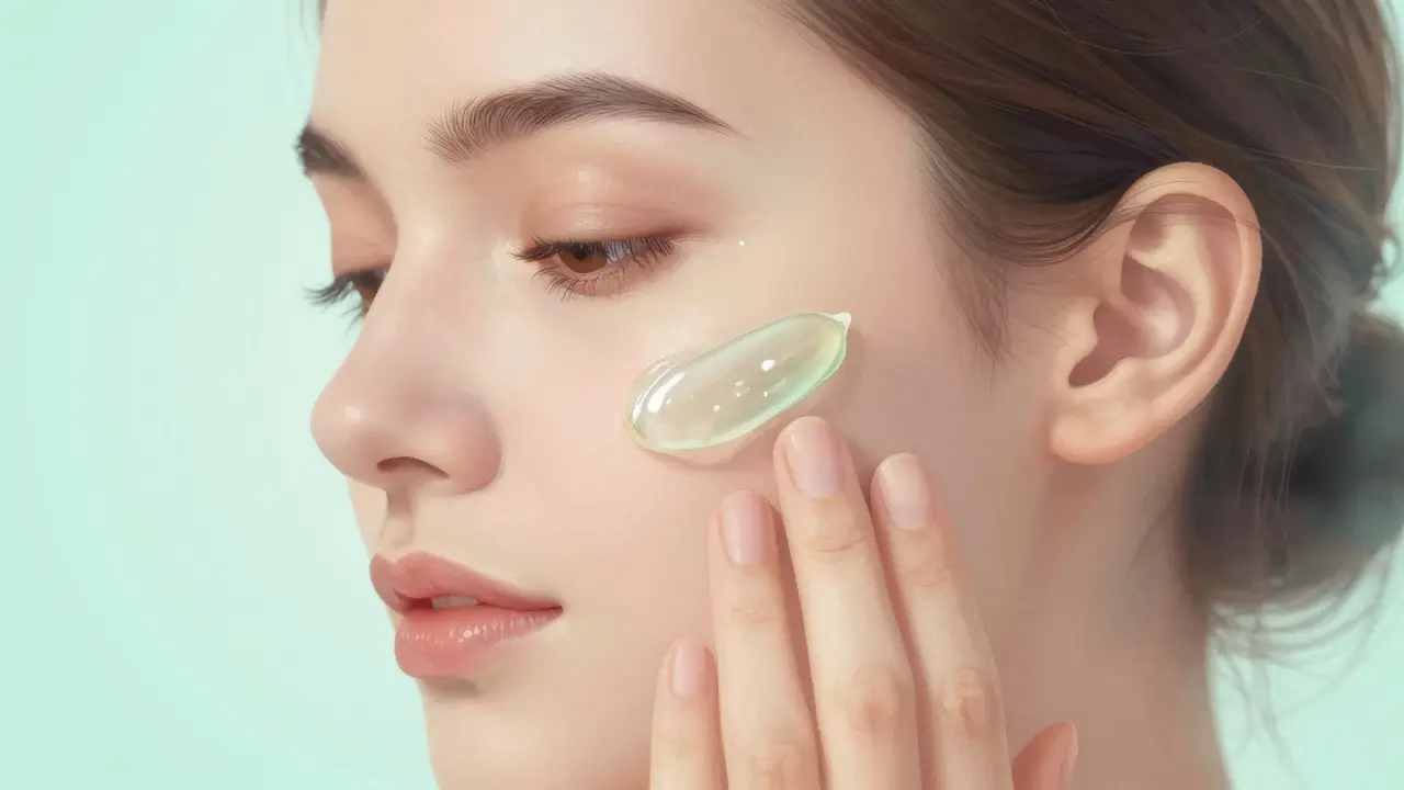 Woman applying soothing aloe gel to face after eyebrow waxing