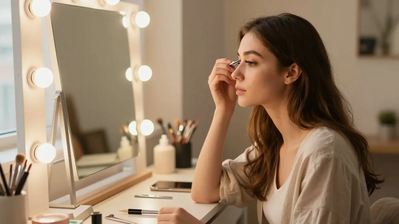 Woman practicing eyelash application in a sunlit home studio