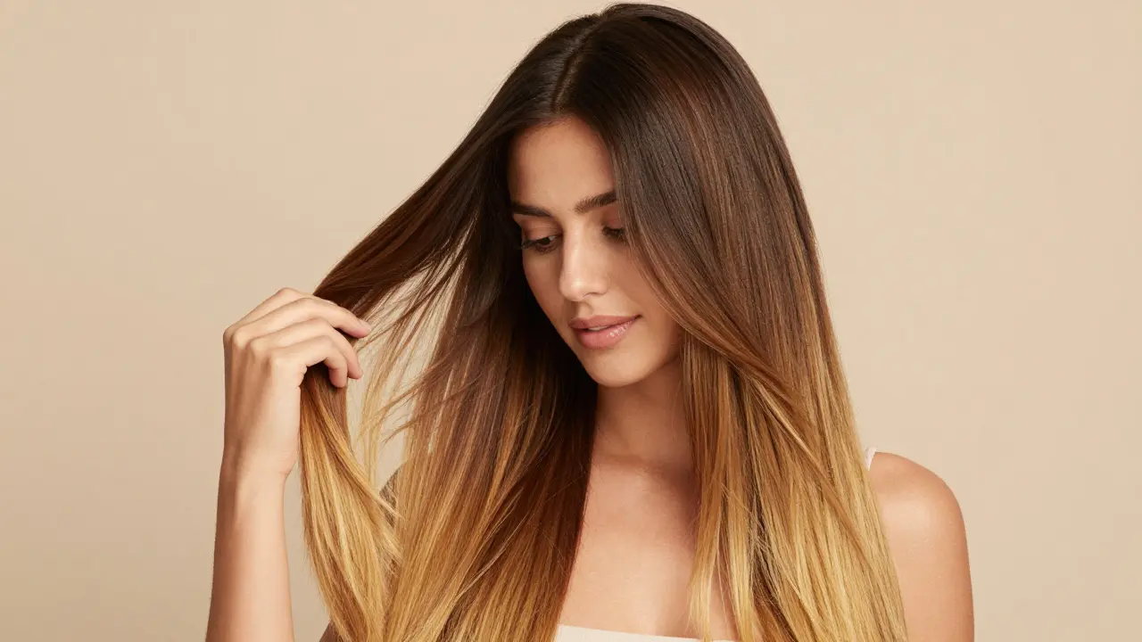 Woman with seamless dark-to-light ombre hair smiling confidently