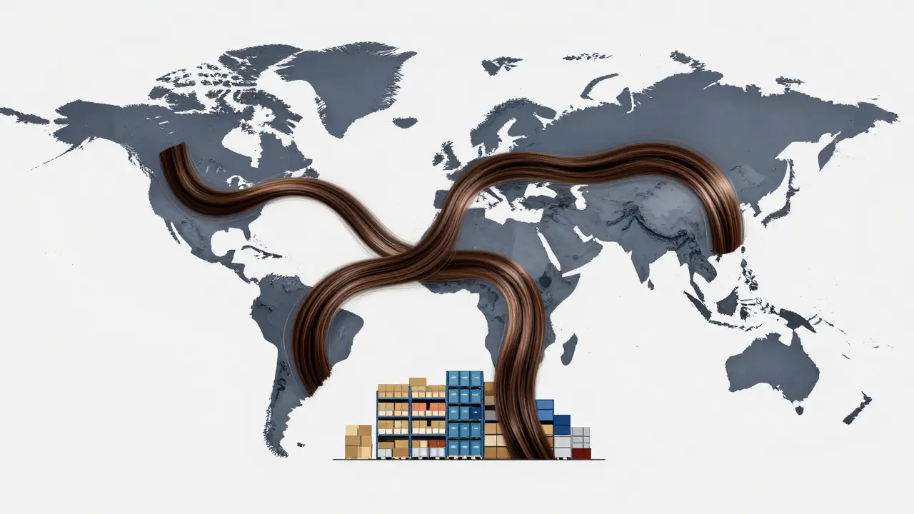Abstract illustration of hair bundles moving through a global supply chain