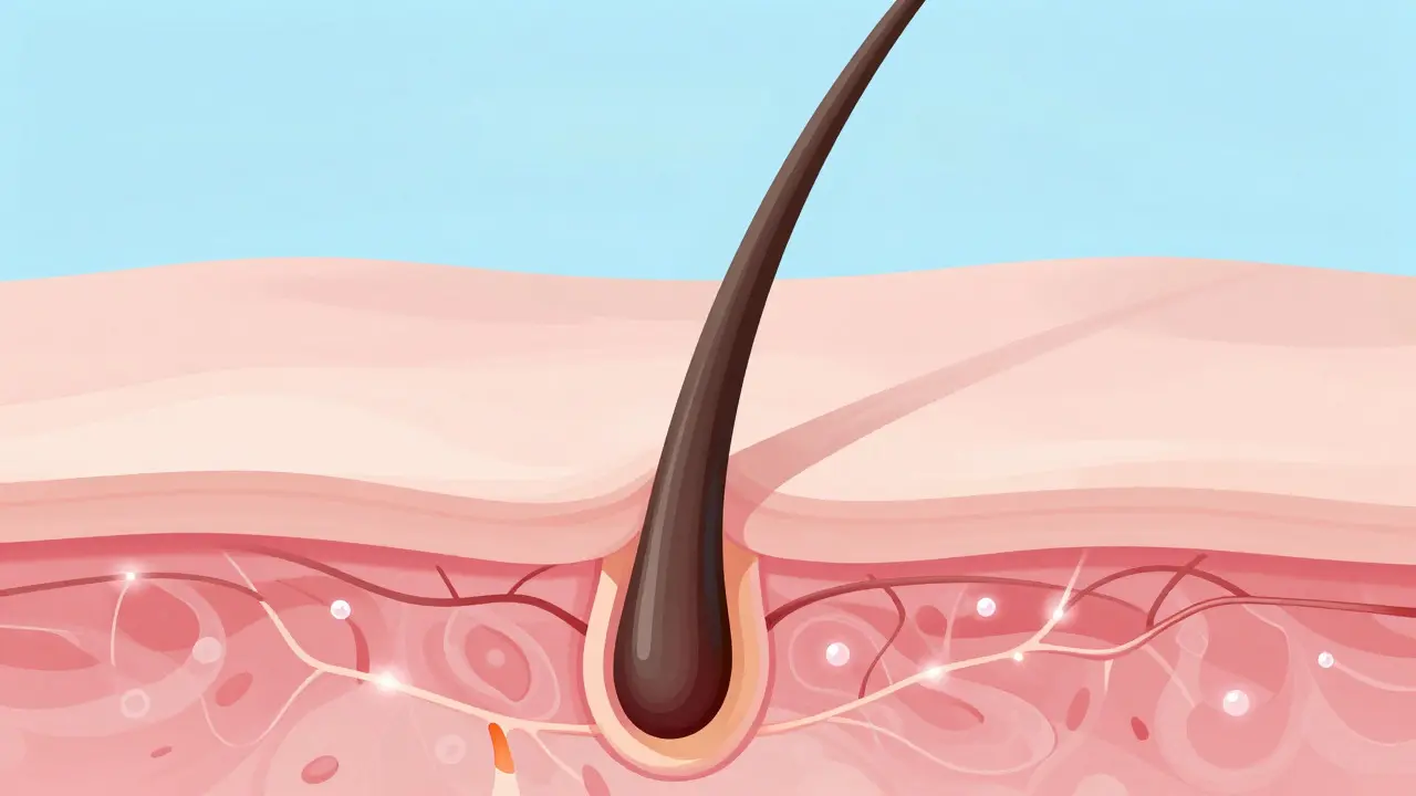Artistic cross-section illustration of hair follicle removal process
