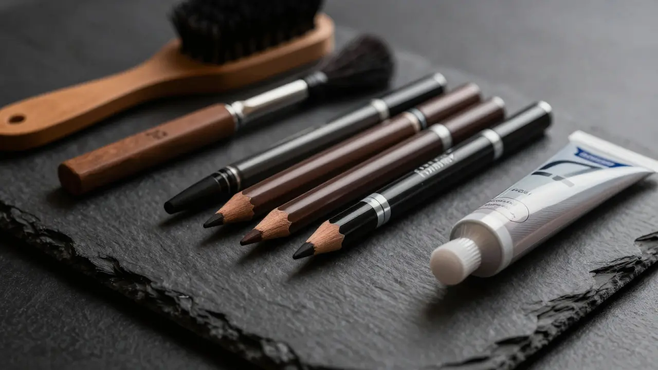 Assorted men's eyebrow pencils and grooming tools on a dark slate surface