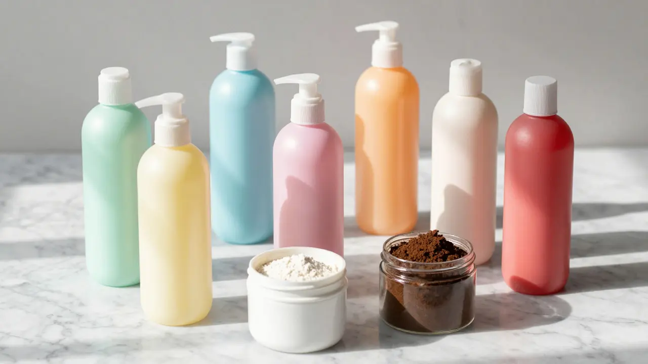 Assortment of semi-permanent dyes, henna, and conditioners on a marble surface