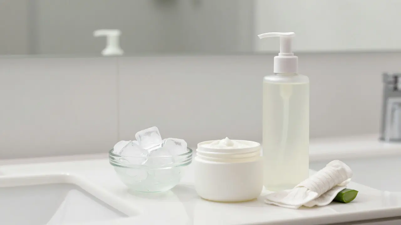 Bathroom vanity with ice, aloe gel, and cleanser for post-wax care