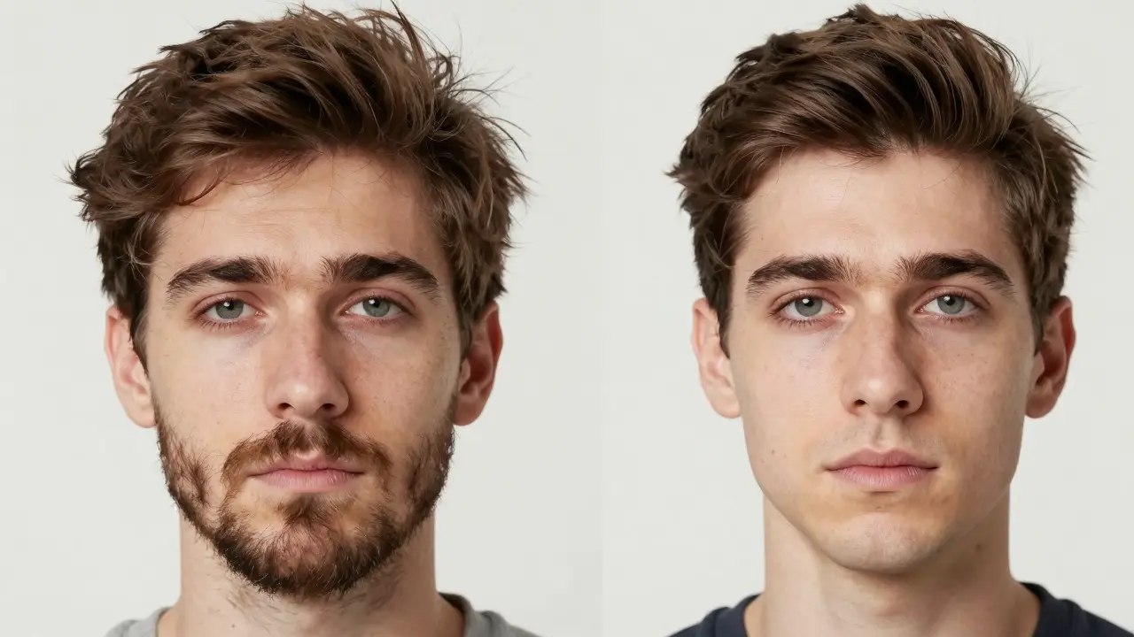 Before and after comparison illustrating the impact of eyebrow grooming on a man's appearance, contrasting unkempt brows with polished, defined arches.