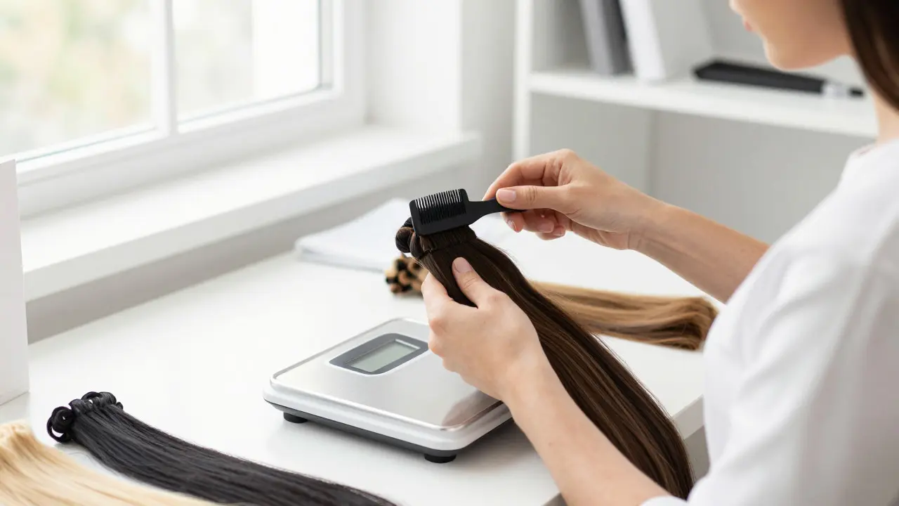 Business owner weighing and combing hair extensions for quality control