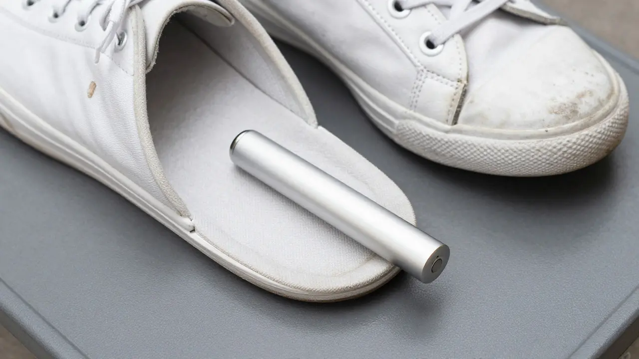 Close-up of a disposable vape hidden under the insole of a sneaker for security screening.