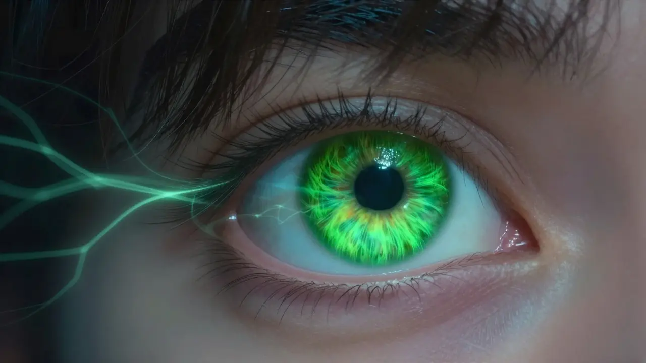 Close-up of an eye reflecting a head of vivid green hair amidst dark natural hair tones