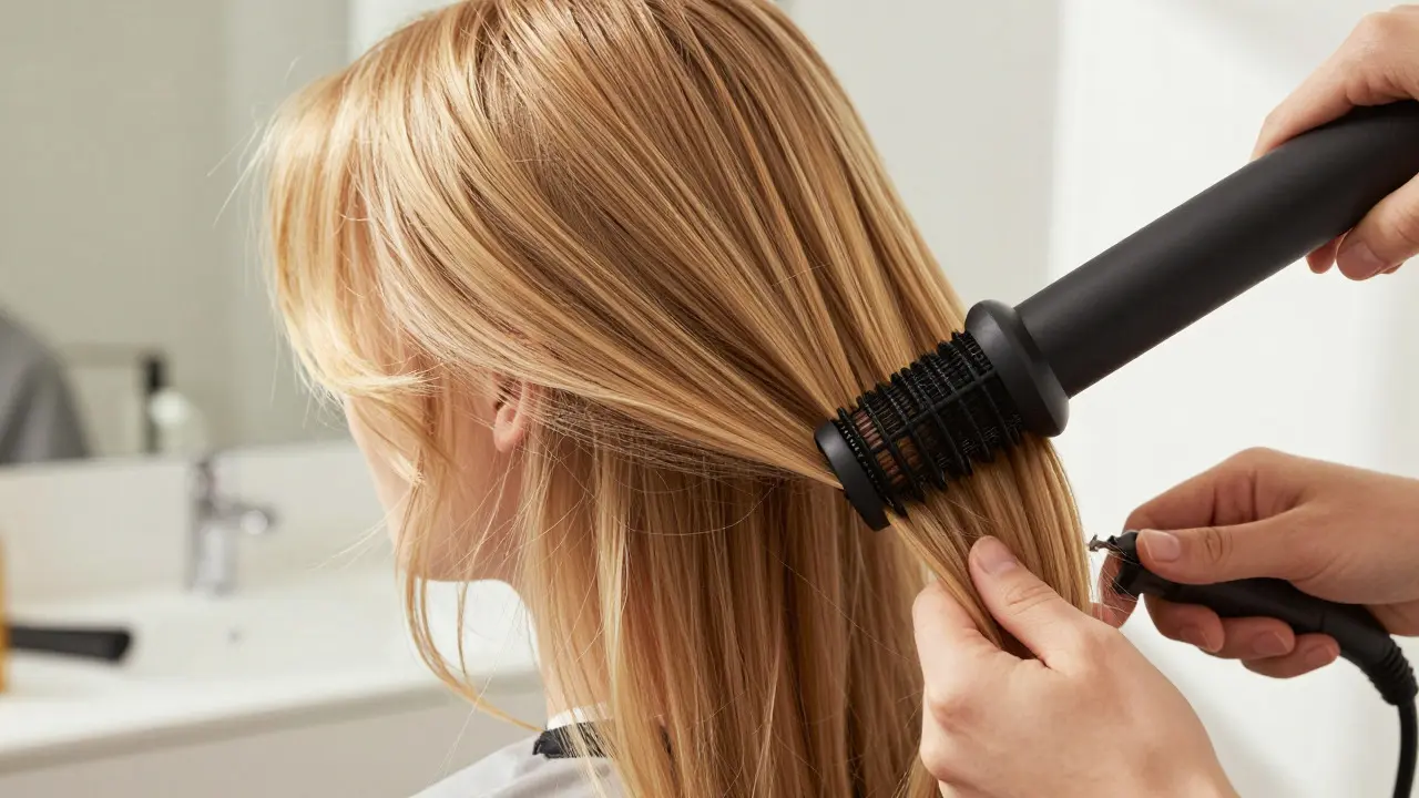 Close-up of curling wand styling curtain bangs outward for volume