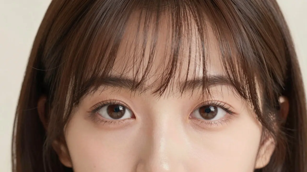 Close-up of delicate, wispy air bangs on a model