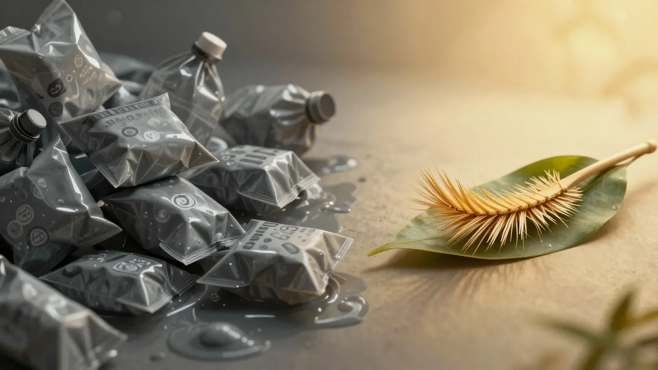 Conceptual art contrasting messy plastic waste with a single eco-friendly lash