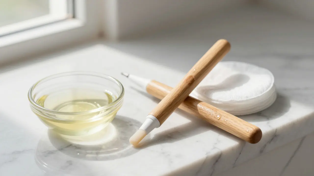 Eyebrow wax pen and skincare items on a marble counter