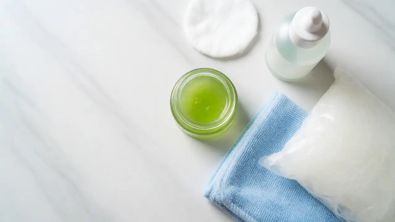 Flat lay of aloe vera gel, ice pack, and skincare products for wax burns