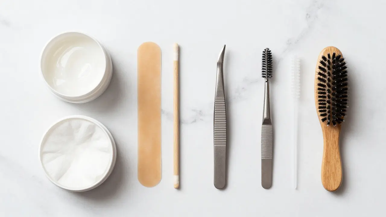 Flat lay of eyebrow wax kit, tweezers, and spoolie brush on marble