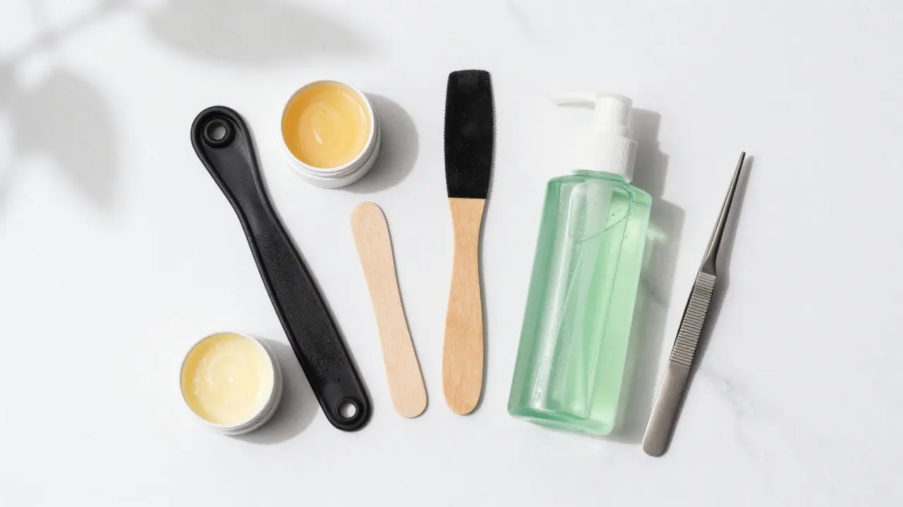 Flat lay of men's eyebrow grooming essentials including a waxing kit, wooden applicators, and soothing aftercare products arranged neatly on a marble background.