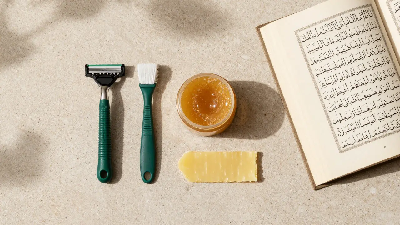 Hair removal tools and Islamic book on stone surface