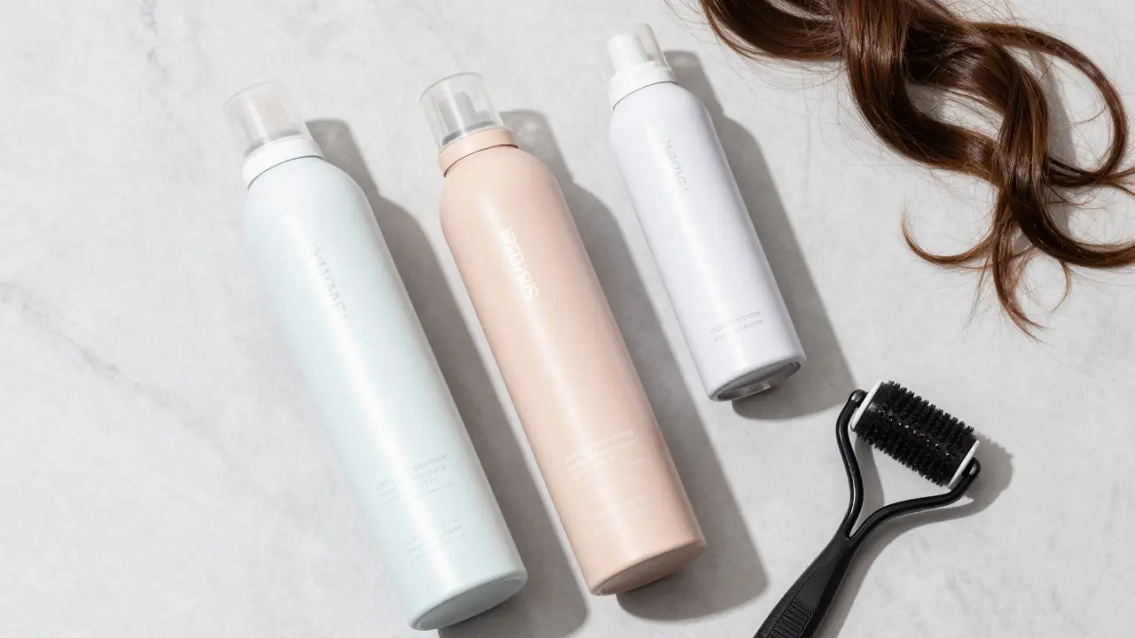 Hair styling products like mousse and spray arranged on marble surface