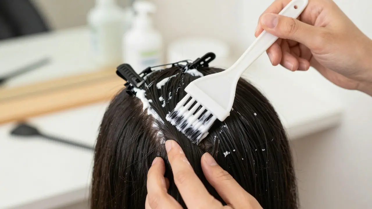 Hands applying Jheri curl solution to sectioned short hair