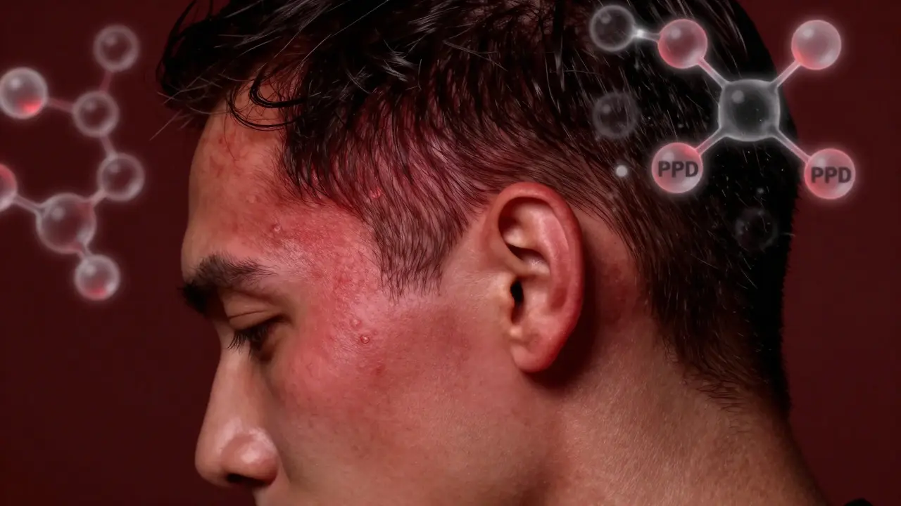 Illustration of red, irritated skin near the ear caused by allergic reaction to hair dye chemicals