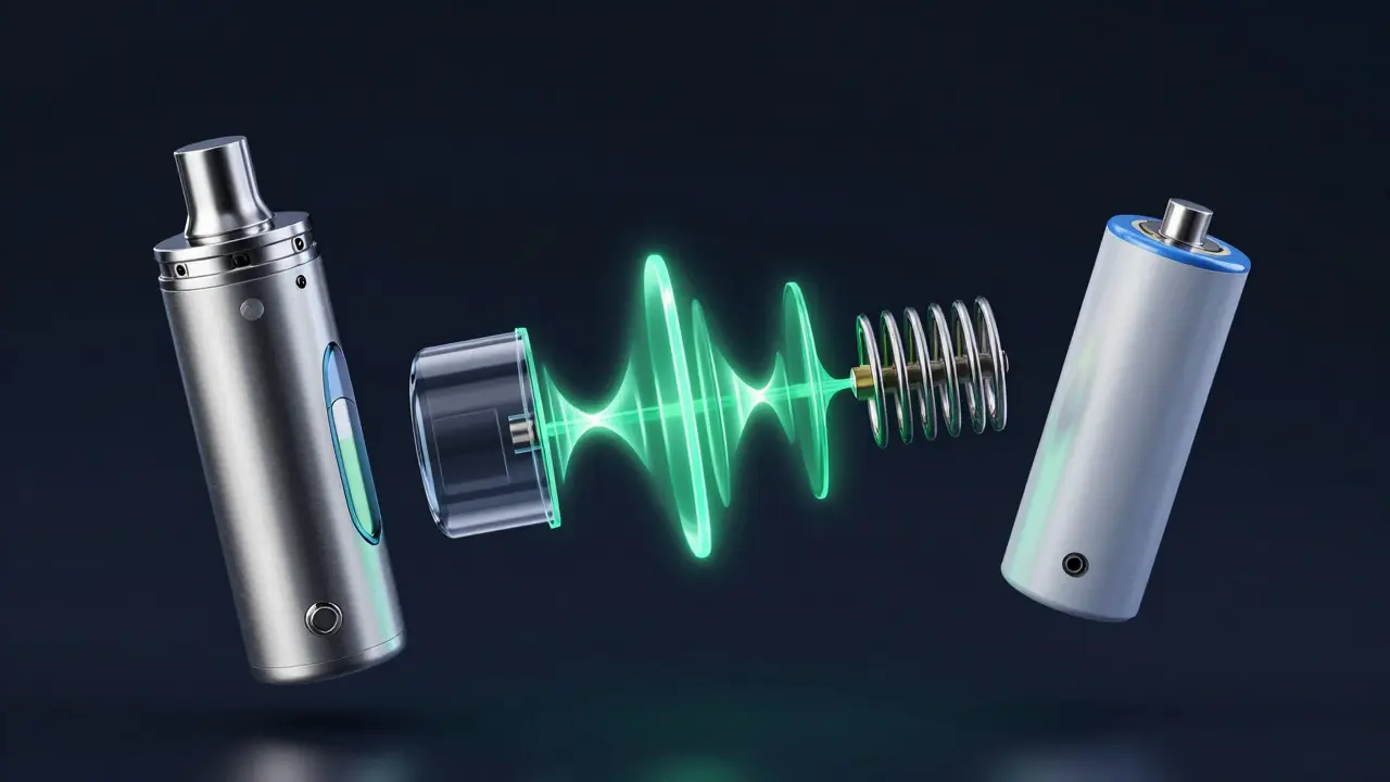 Illustration showing a vape device split into parts to confuse metal detector sensors.